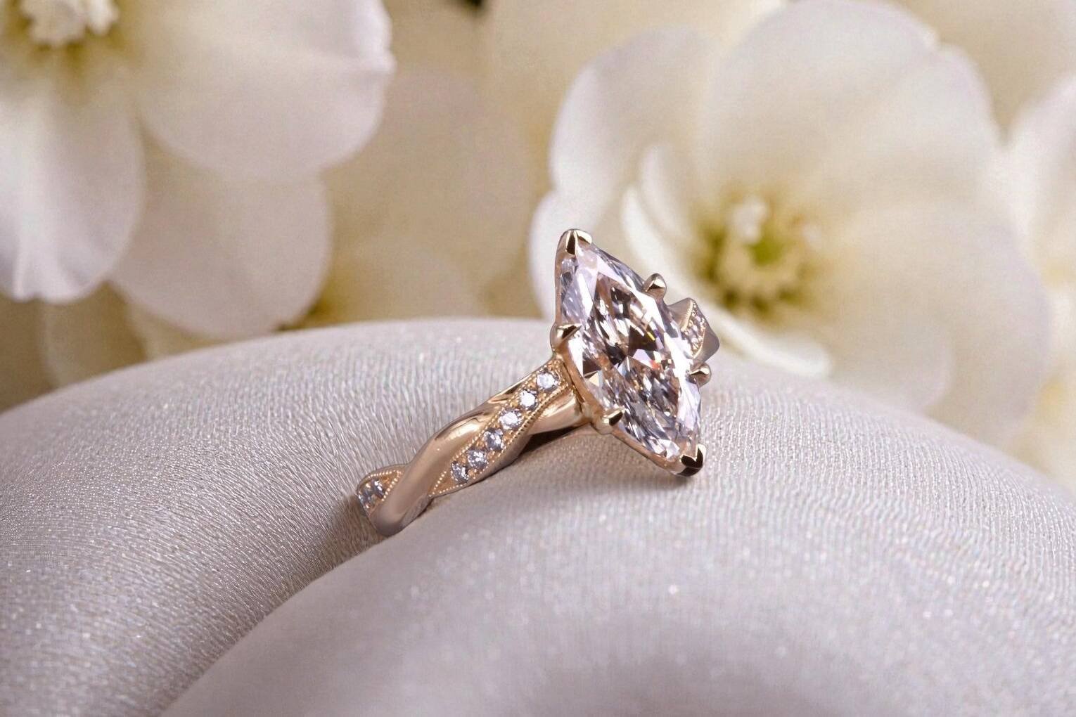 Custom marquise diamond ring for couples in Carmel Valley