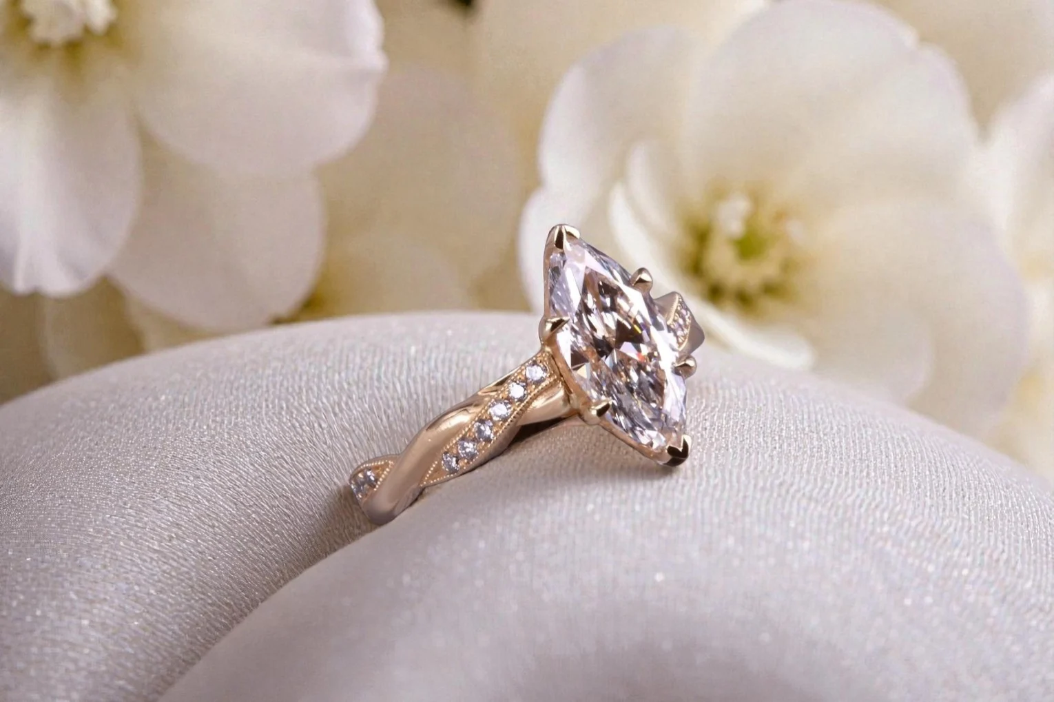 Custom marquise diamond ring for couples in Carmel Valley